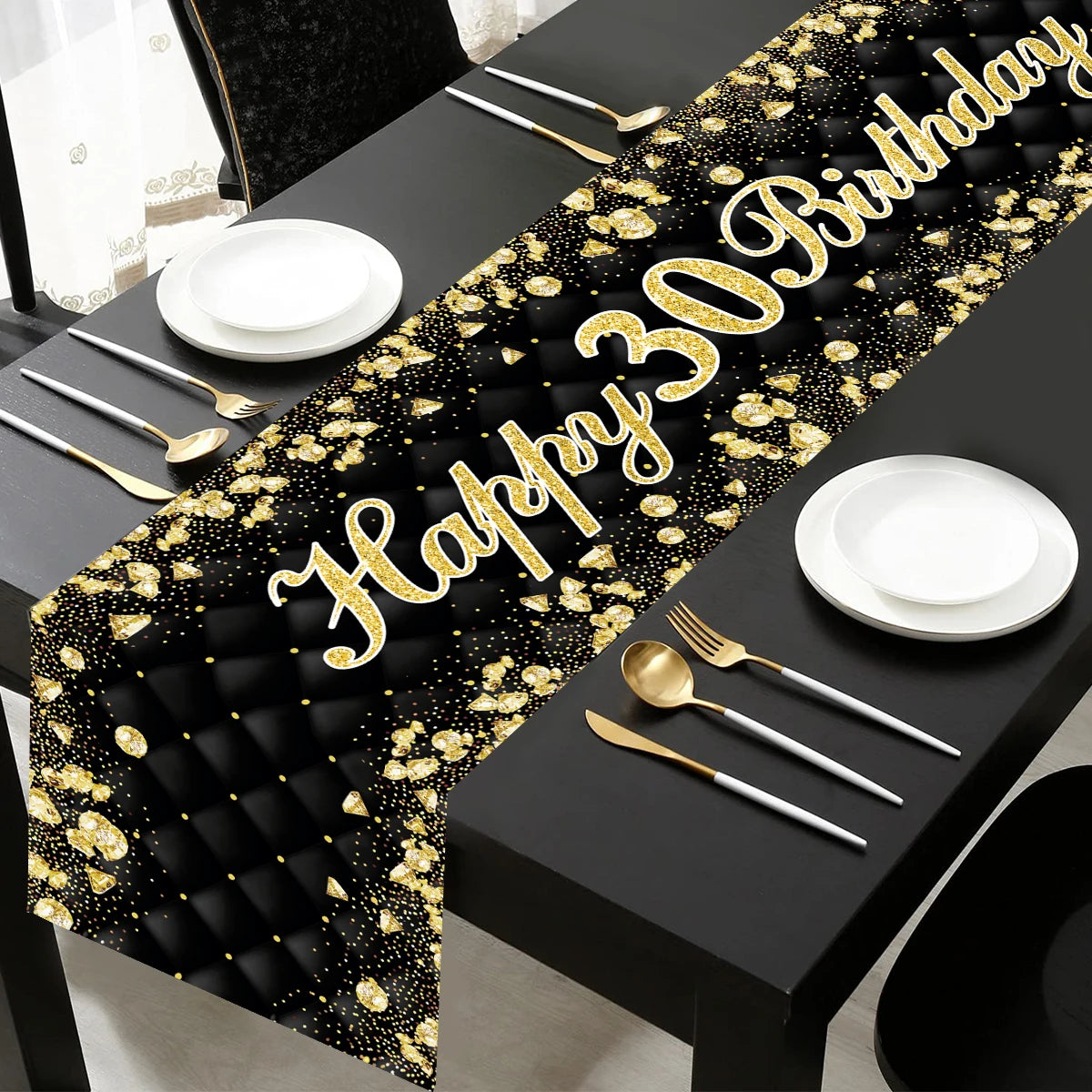 Black gold birthday table runner and tablecloth set by Showlu Fashion Store, perfect for milestone celebrations and party decor.