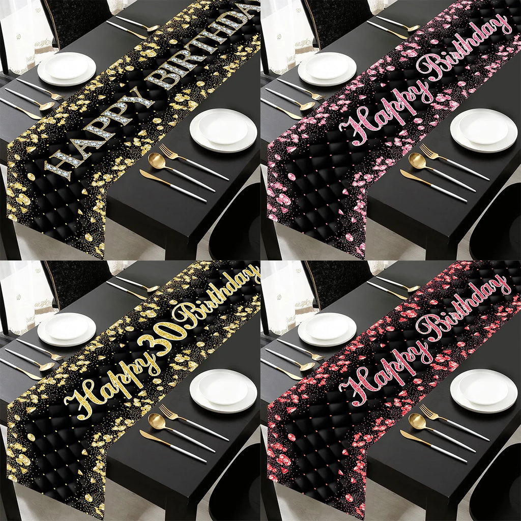 Black gold birthday table runner with number options, decorative tablecloth for anniversaries and parties, suitable for home or adult celebrations