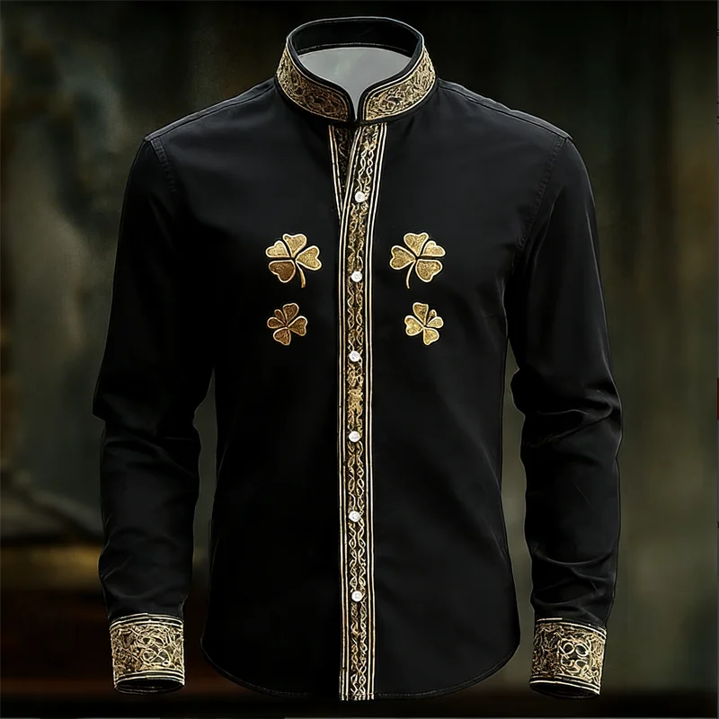 Men's floral long sleeve shirt by Showlu Fashion with gold 3D clover print, stylish and luxurious shirt top.