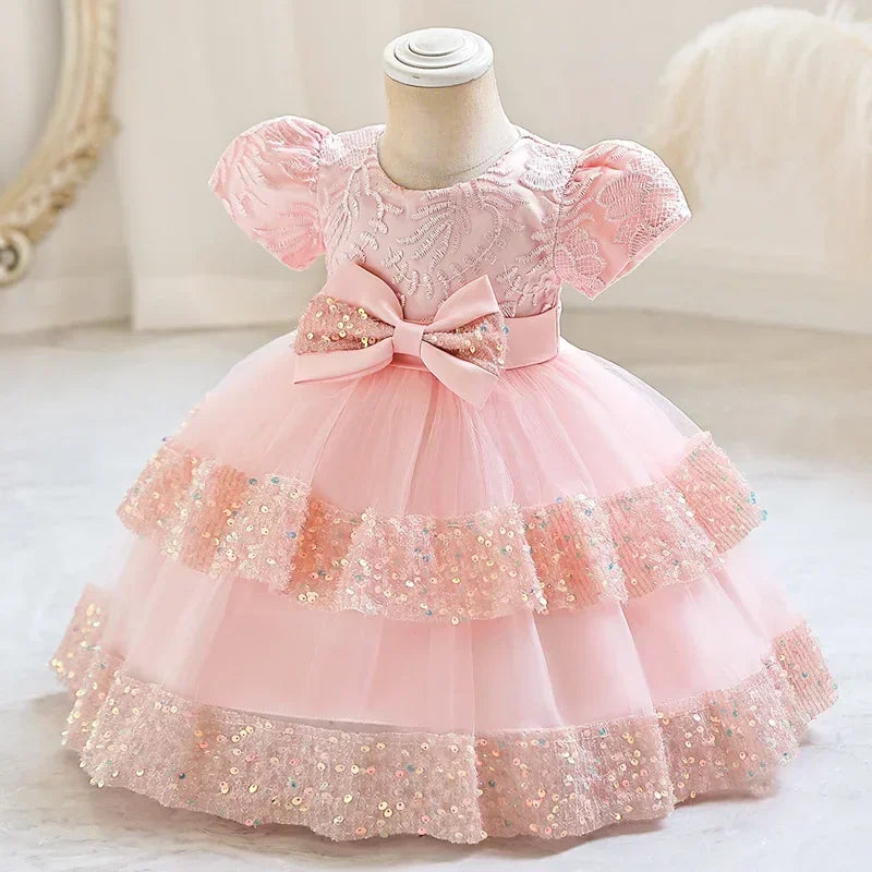 Girls lace bow party dress by Showlu Fashion Store featuring short sleeves and a summer ball gown style.