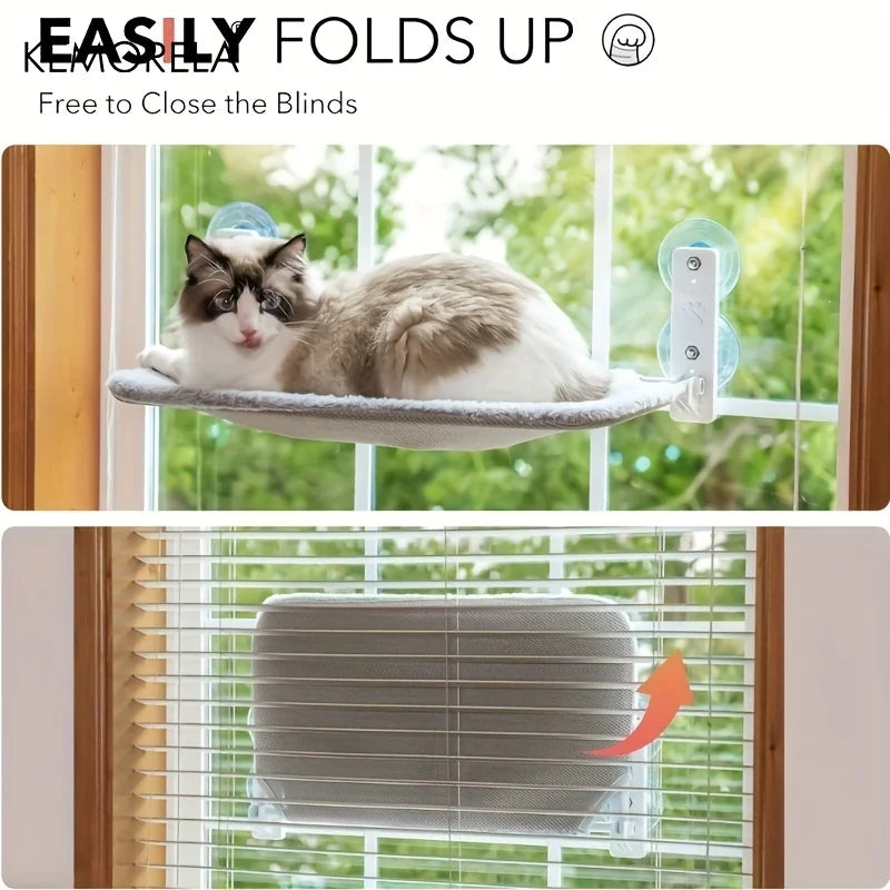Foldable KEMORELA Cat Window Hammock with strong suction cups, soft fiber bed for comfortable outdoor lounging.