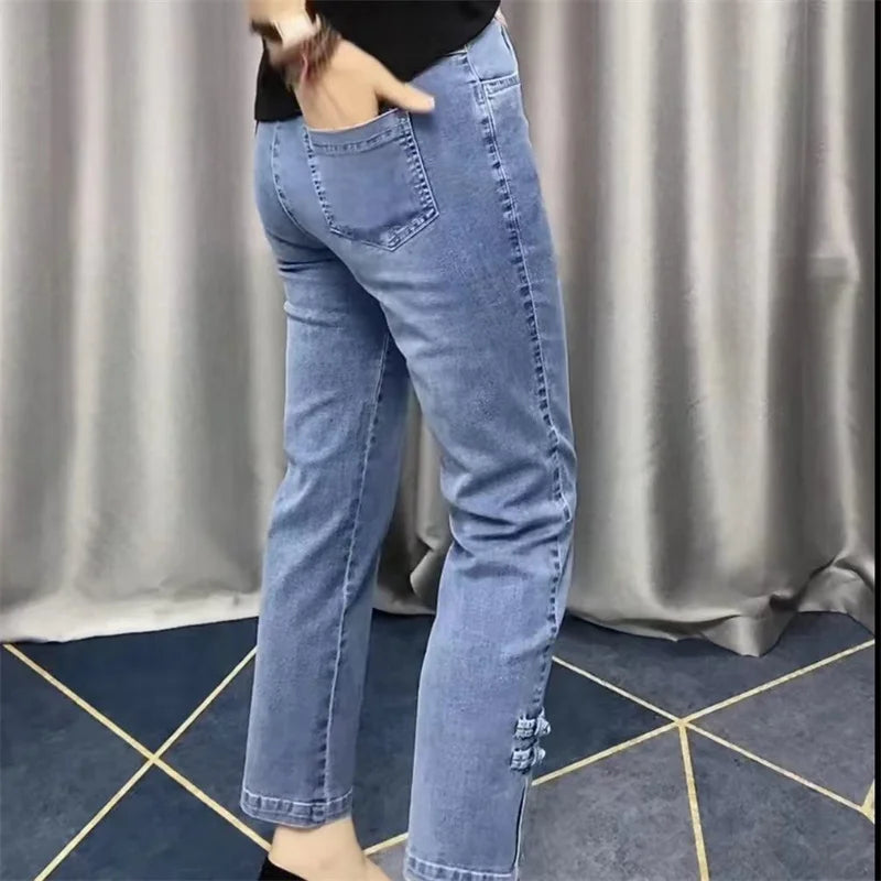2025New Spring Autumn High Elasticity Women Jean Korean Loose Straight Ankle-Length Cowboy Pants Female Extends Denim Pants Lady