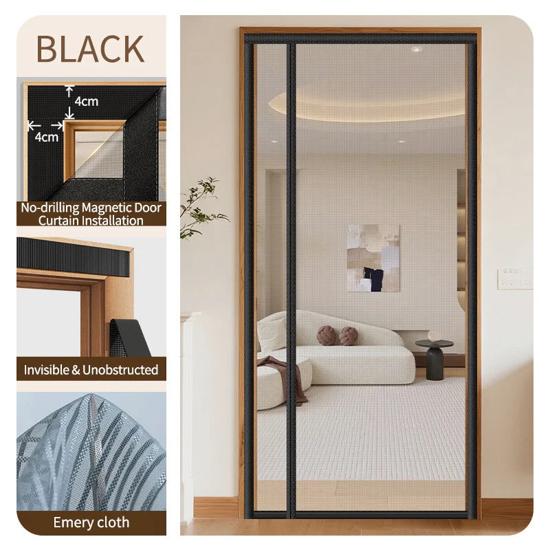 Showlu Smart General magnetic mesh door curtain with self-adhesive mosquito screen, black mesh, designed to keep insects out.
