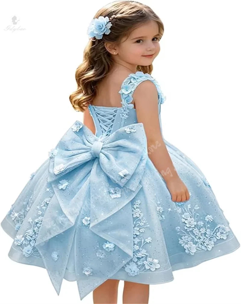 3D Floral with Bow Luxury Flower Girl Dress Wedding Thin Strap Backless Knee-Length Kid Pageant Party Birthday Event Dress
