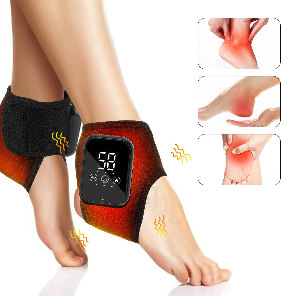 Electric heating foot massager with vibration, ankle brace support, and warmth for relaxation and joint pain relief.