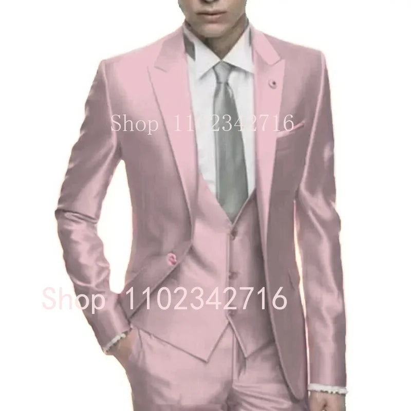 Showlu silver grey satin men's 3-piece slim fit formal wedding tuxedo displayed on a hanger with jacket, vest, and trousers.