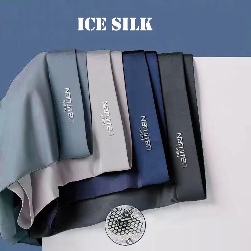 Set of four men's ice silk boxer shorts, breathable and thin U-convex underwear in various colors, sizes L to 6XL.