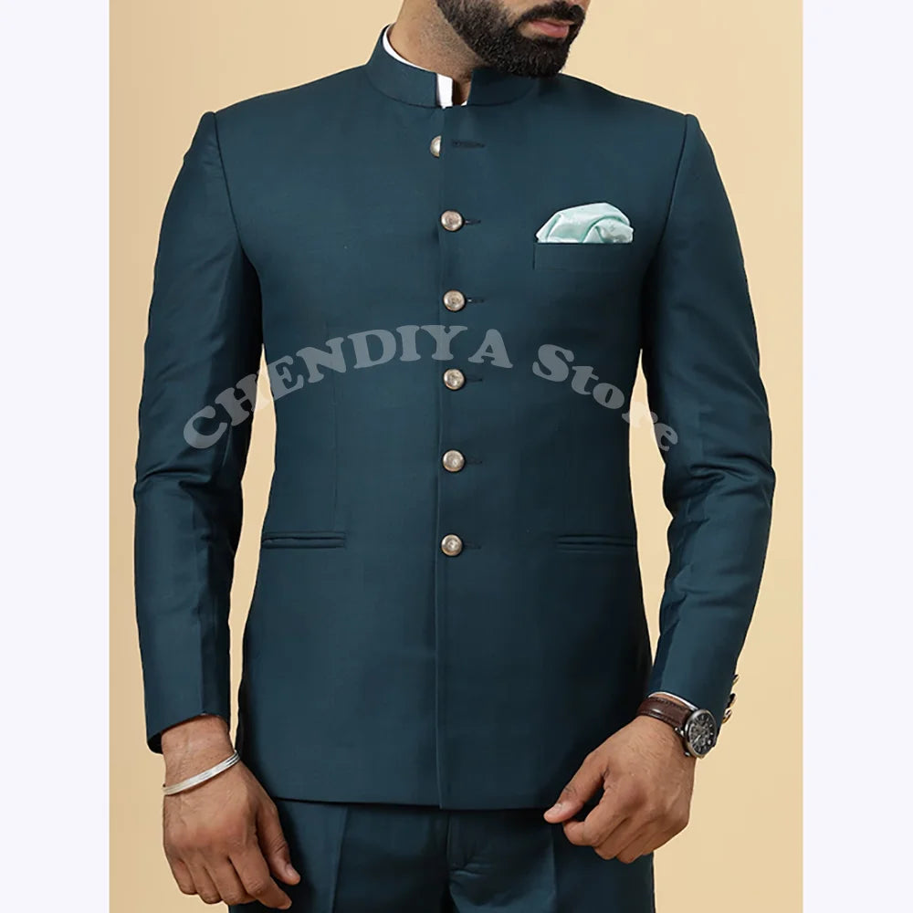 Solid green men's suit jacket and slim fit pants set, stand collar single-breasted blazer for office and formal occasions.