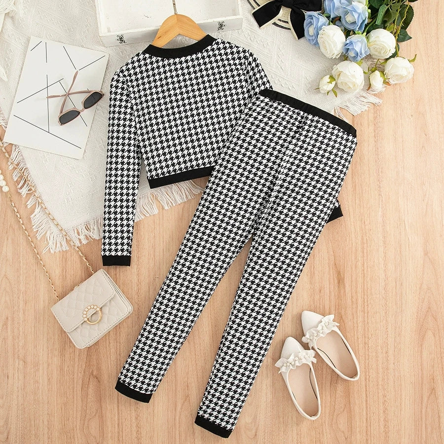2pcs Set of Girls Outfits Long Sleeves Button Cardigan Jacket + Pants Youngsters's Clothing For Spring/Autumn Casual Wear 5-14