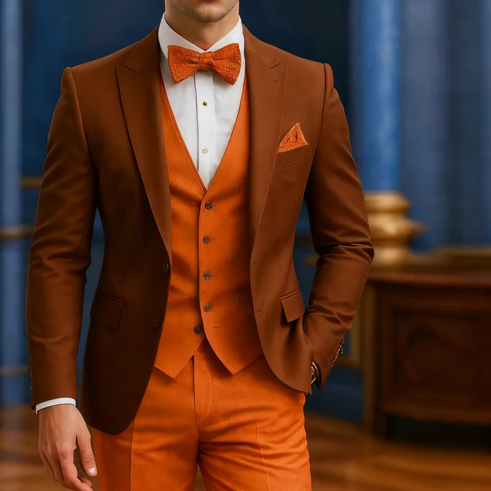 Men's formal white and orange 3-piece tuxedo by Showlu Fashion Store, suitable for weddings, graduations, and special occasions.