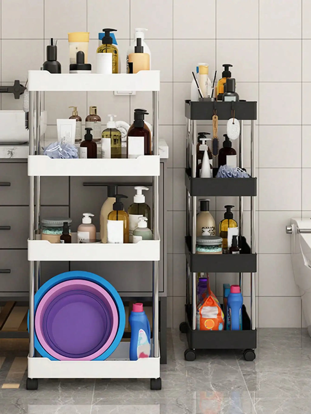 Showlu 3/4 tier rolling utility cart with slim plastic storage shelves, ideal for organizing small spaces and easy mobility.