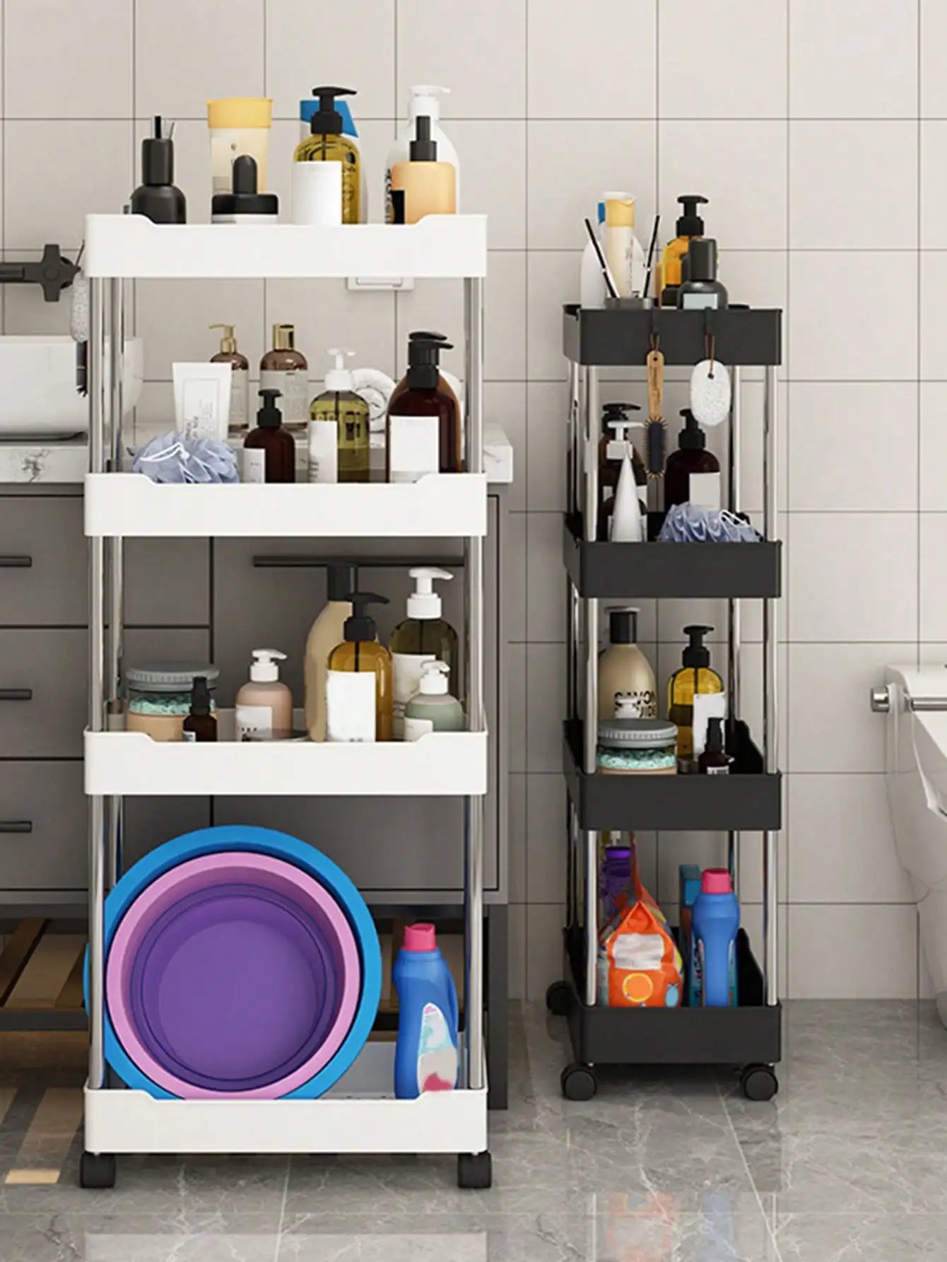 Showlu 3/4 tier rolling utility cart with slim plastic storage shelves, ideal for organizing small spaces and easy mobility.