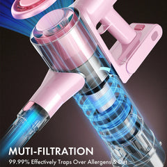 A pink cordless vacuum cleaner showing its internal filtration system with blue light effects.