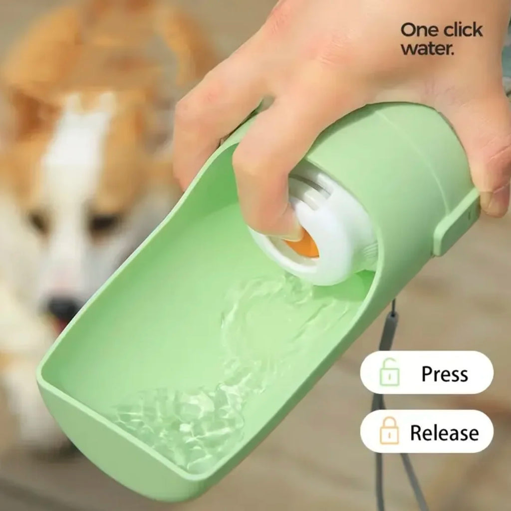 Showlu 2-in-1 portable pet travel water bottle and food container, 500ml, with a compact design for easy pet hydration and feeding on the go.