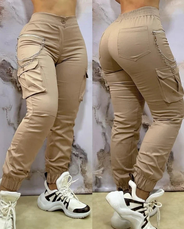 SHOWLU Women's Cargo Pants featuring cuffed design and multiple pockets, ideal for autumn and winter wear.
