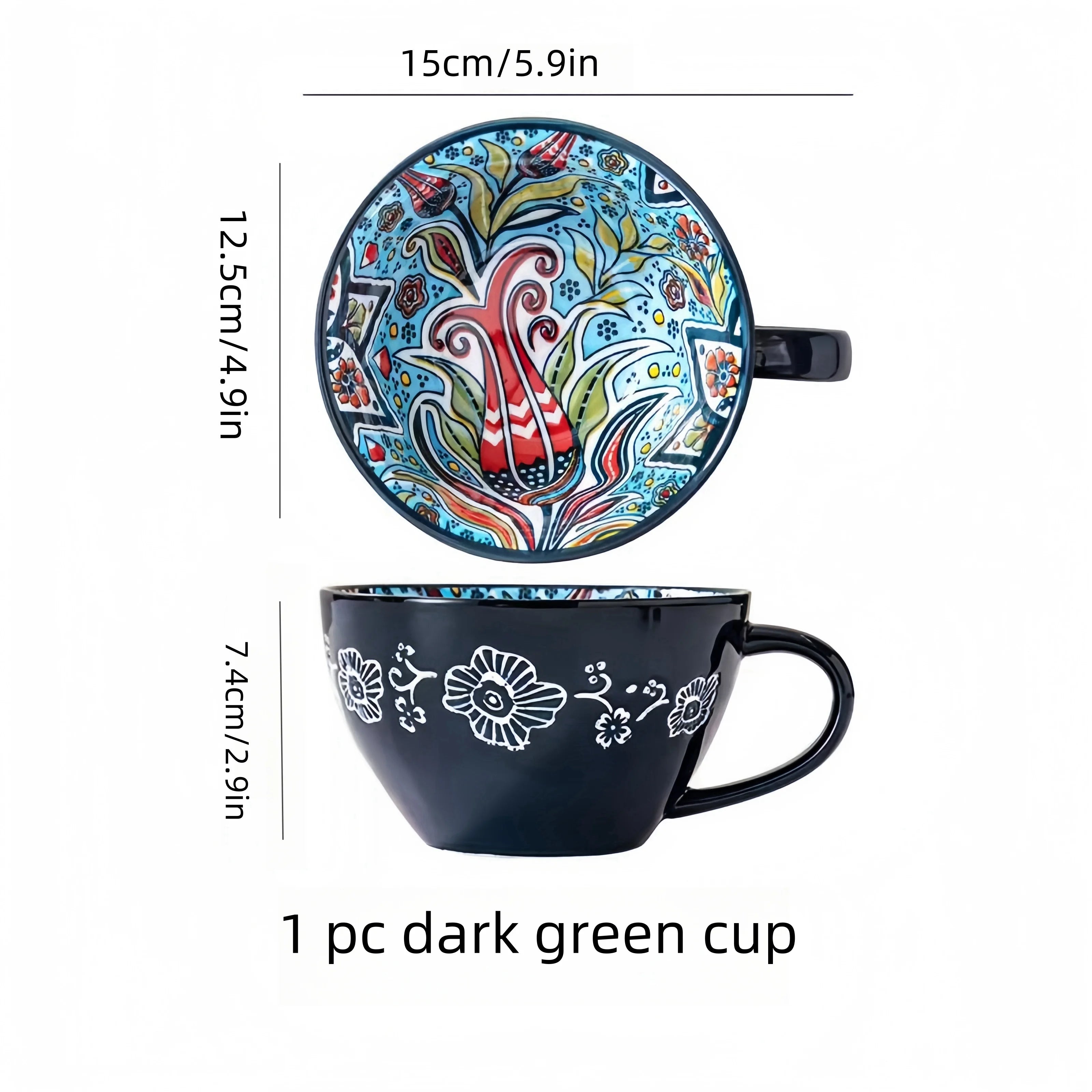Showlu Fashion Bohemian ceramic coffee mug, 13.5 oz porcelain tea cup with colorful boho design and handle.