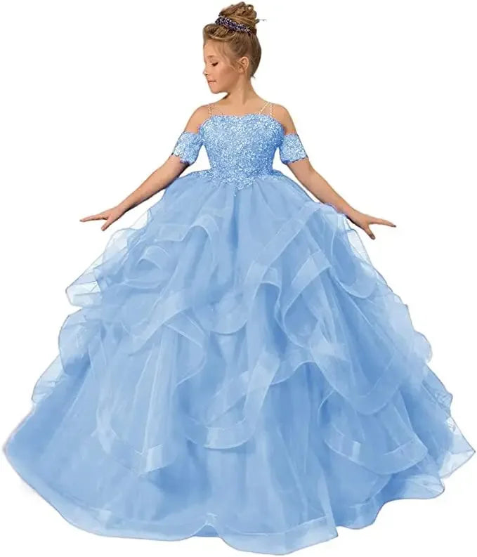 Off-shoulder tulle flower girl dress by Gdybao, ball gown style for kids with floral appliques, elegant and charming for special occasions