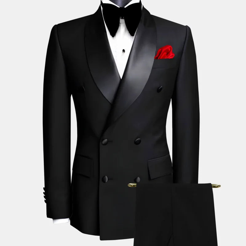 Black men's double-breasted suit by Showlu Fashion Store, featuring a smart casual style with tailored fit and lapel details.