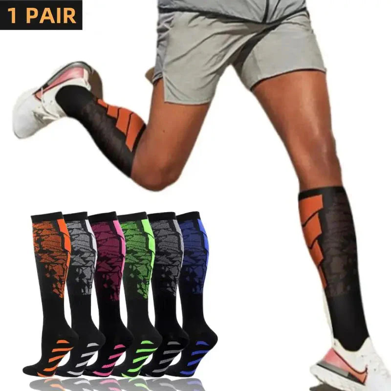 Showlu knee-high compression sports socks with nylon calf support, ideal for running and athletic performance.