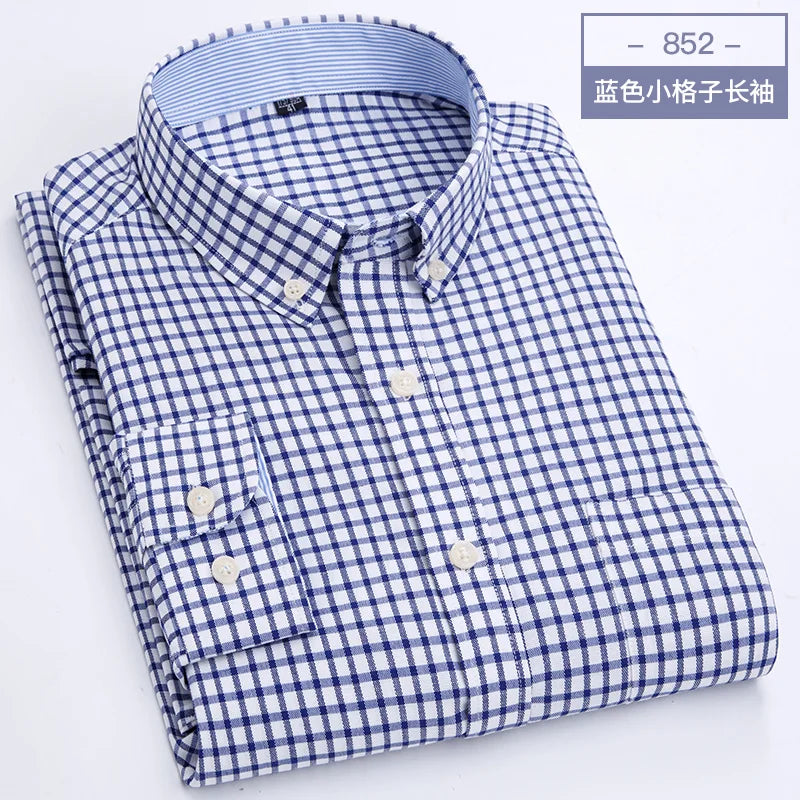 Men's slim fit Oxford shirt by Showlu Fashion Store, long sleeve non-iron casual shirt in classic blue with button-down collar