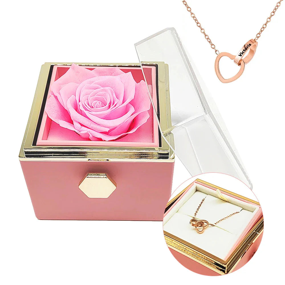 Engraved interlocking heart necklace and eternal rose in decorative box by Showlu Fashion Store, romantic jewelry gift set.