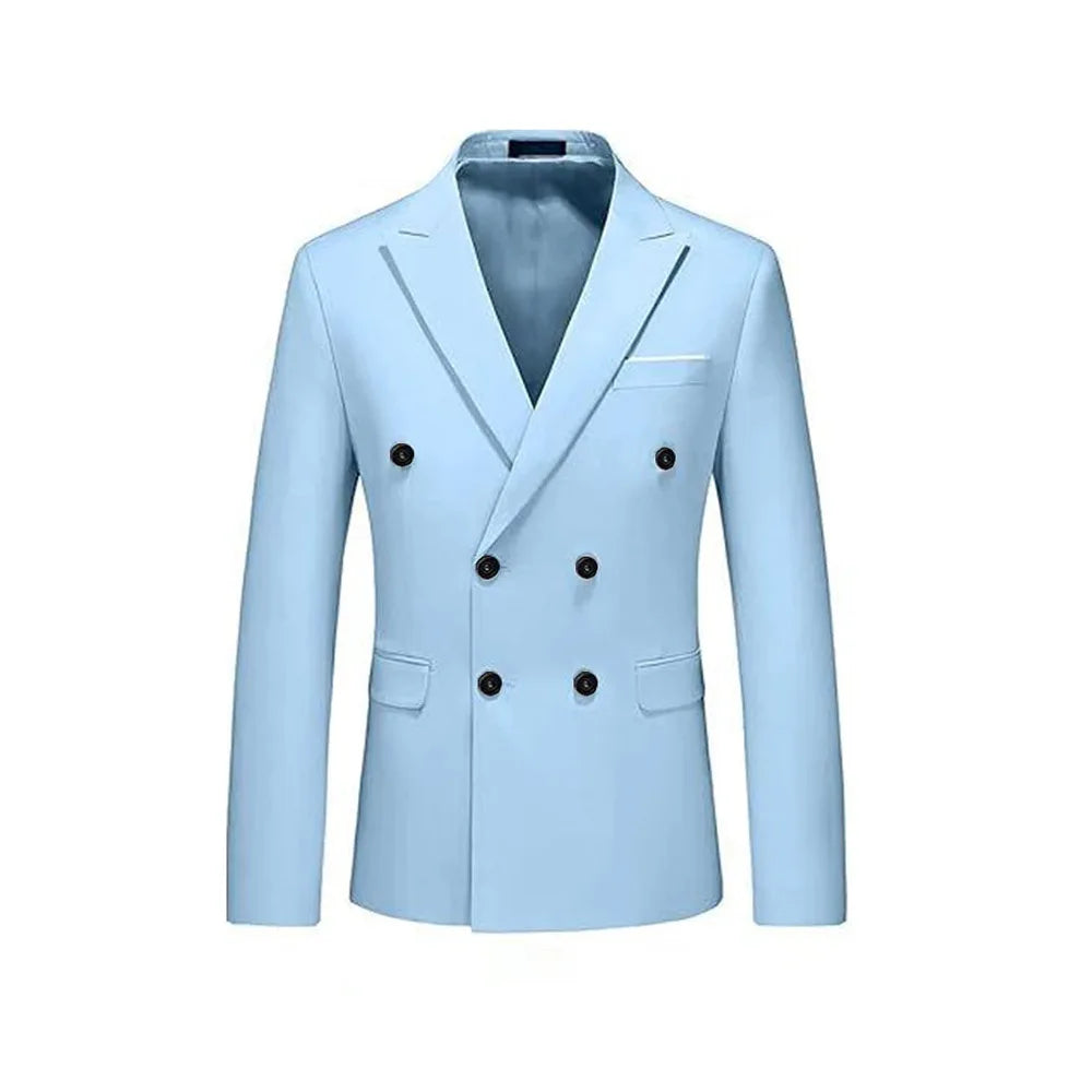Sky blue double-breasted men's slim fit suit, 2-piece formal set by SHOWLU, shown on a mannequin with matching trousers and blazer.