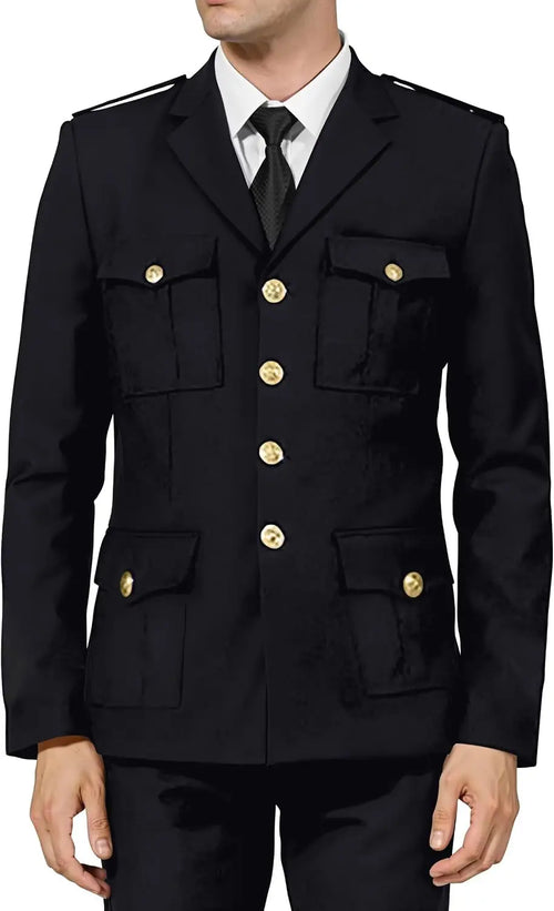 Navy men's 2-piece suit by Showlu Fashion, nautical style uniform, includes jacket and pants, suitable for costumes or formal wear.