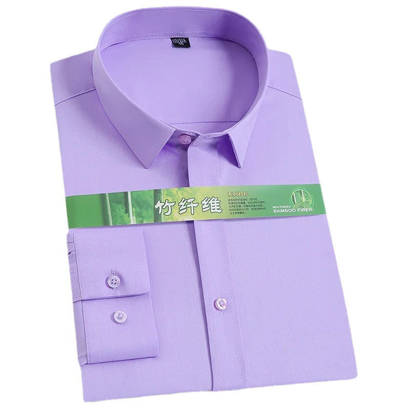 White bamboo fiber men's long sleeve dress shirt, professional fit, soft and stretch-free comfort, in 8XL size, from Showlu Fashion.