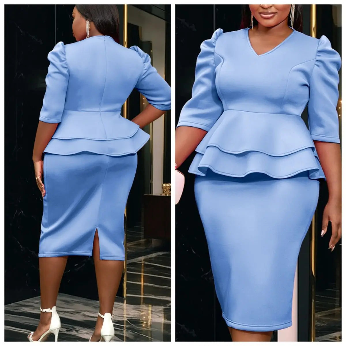 Elegant women's church dress by Showlu Smart General featuring ruffle peplum waist, V-neck, and sheath style for formal occasions.
