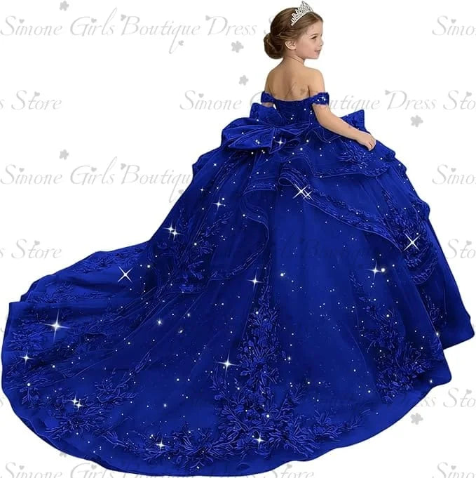 Princess Off Shoulder Flower Girl Dress for Wedding Kids Lace Appliqued Tulle Pageant Dress Customized Birthday Party Ball Gown