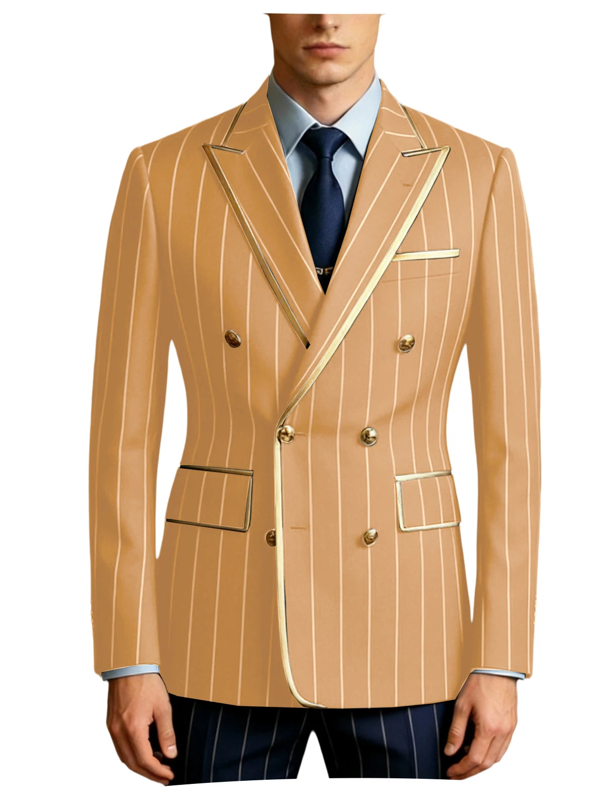 Men's Pinstripe Blazer Double Breasted Gold Trim Slim Fit Suit Jacket Peak Lapel Business Formal Tuxedo Coat for Wedding Prom