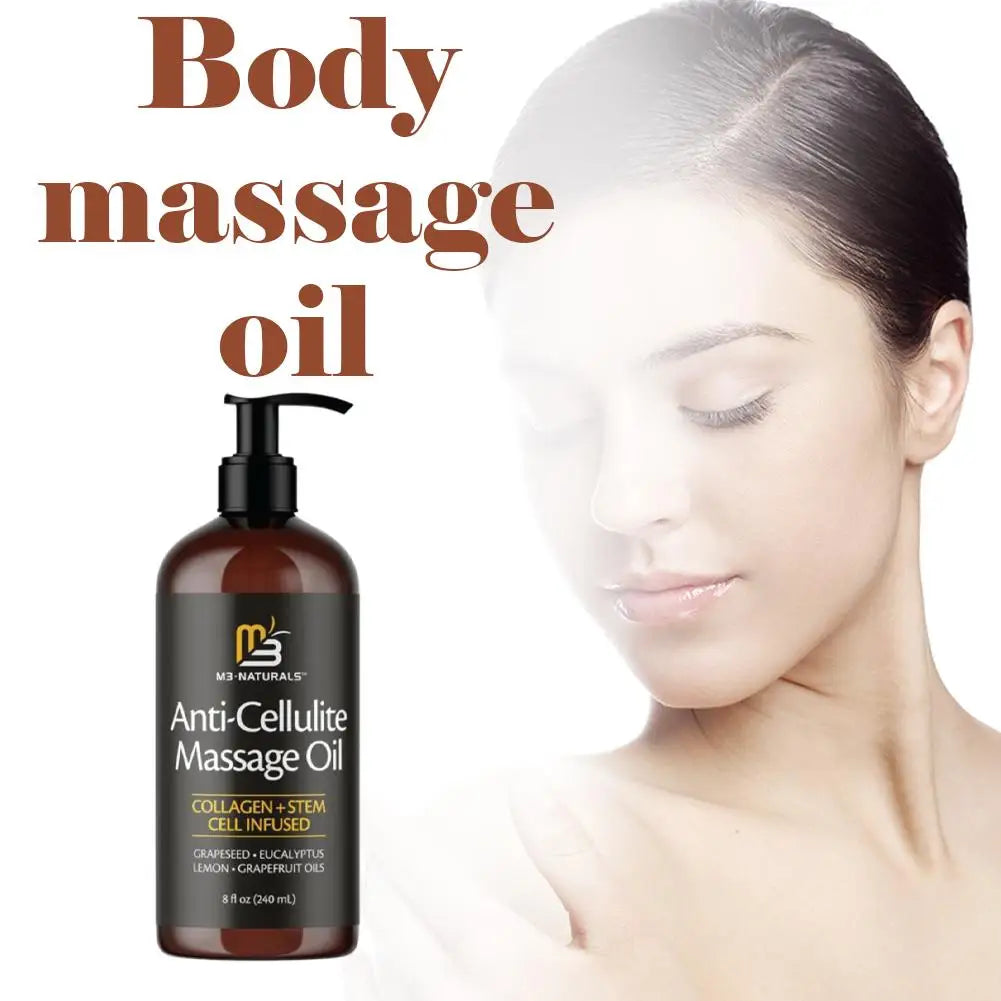 M3 Naturals anti-cellulite massage oil with collagen and stem cell for firming skin, shown in a clear bottle with a pump dispenser.