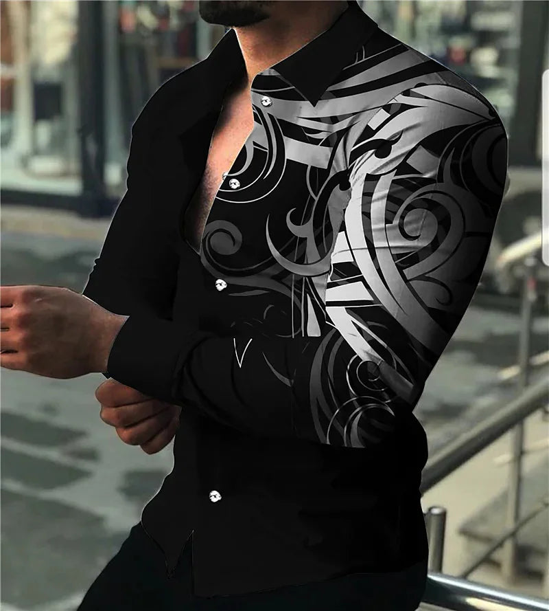 2023 new men's luxury social shirt lapel button shirt casual printing long-sleeved men's club prom cardigan street top
