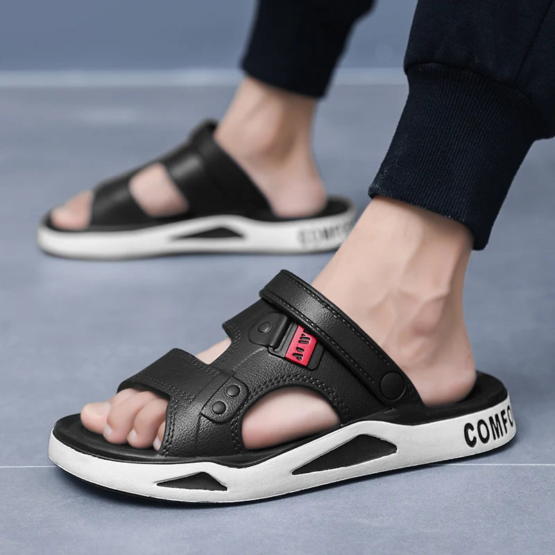 Men's summer EVA slippers with thick soles, open-toe design, non-slip soles, ideal for outdoor beach wear and casual use.