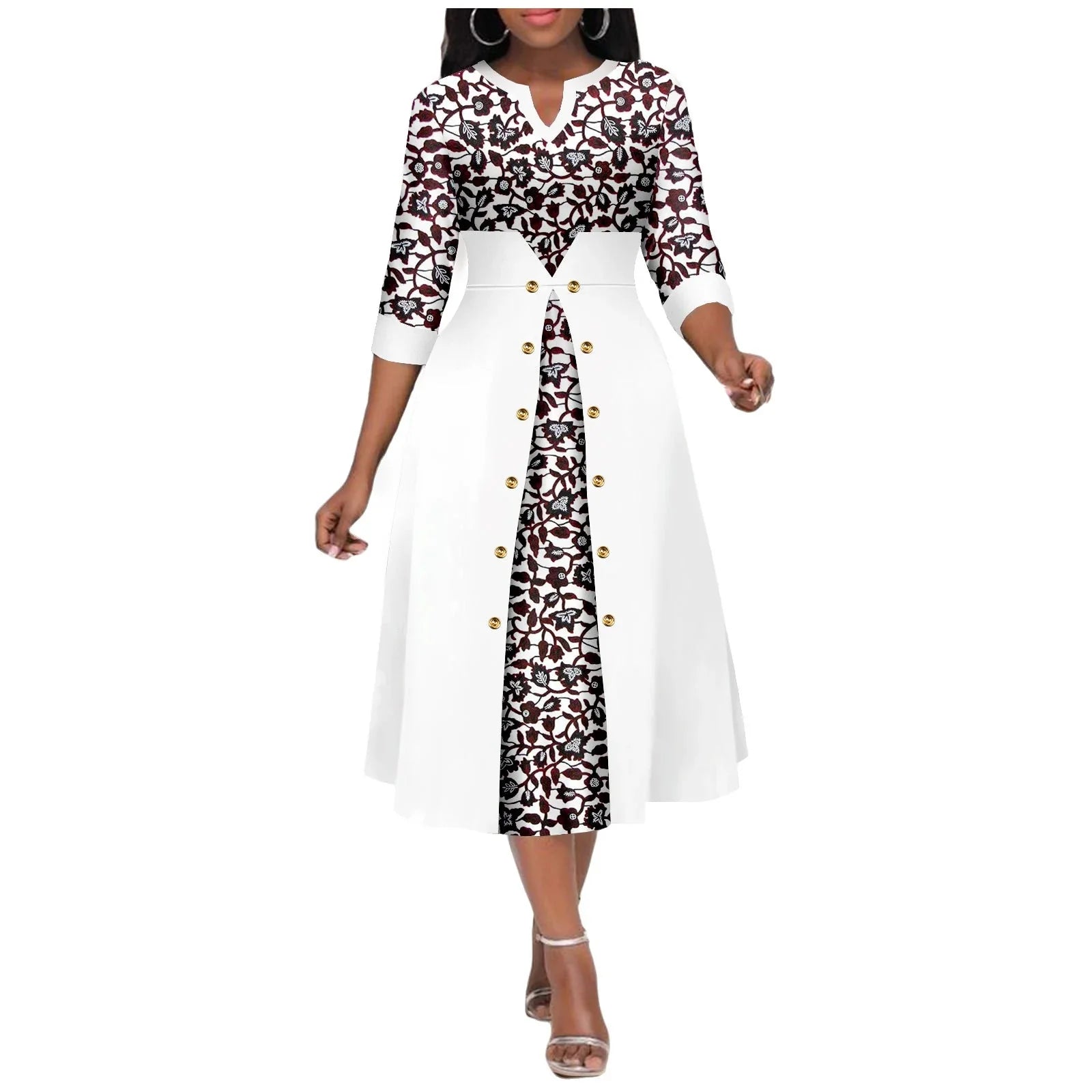 AfriPRIDE women's Ankara print V-neck cotton A-line midi dress with colorful traditional patterns.
