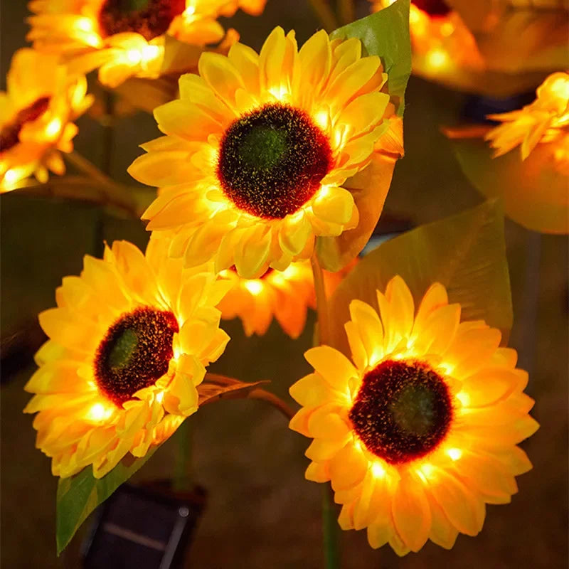 Solar Sunflower LED garden light by Showlu Smart General, showing a bright sunflower-shaped outdoor lighting fixture in a garden setting.