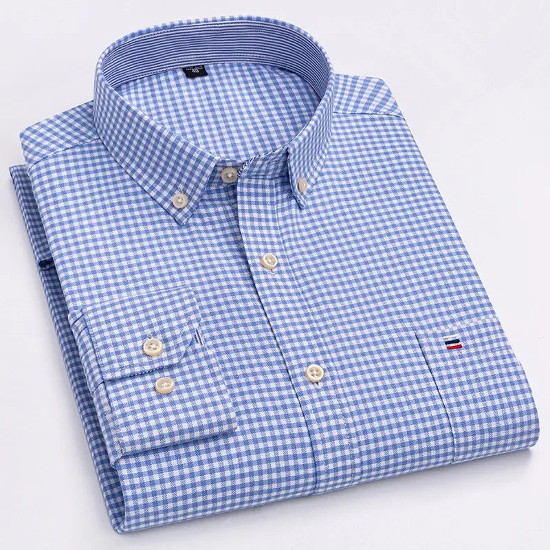 Men's long sleeve plaid cotton dress shirt in solid color print, regular fit, oversized, from Showlu Fashion Store.