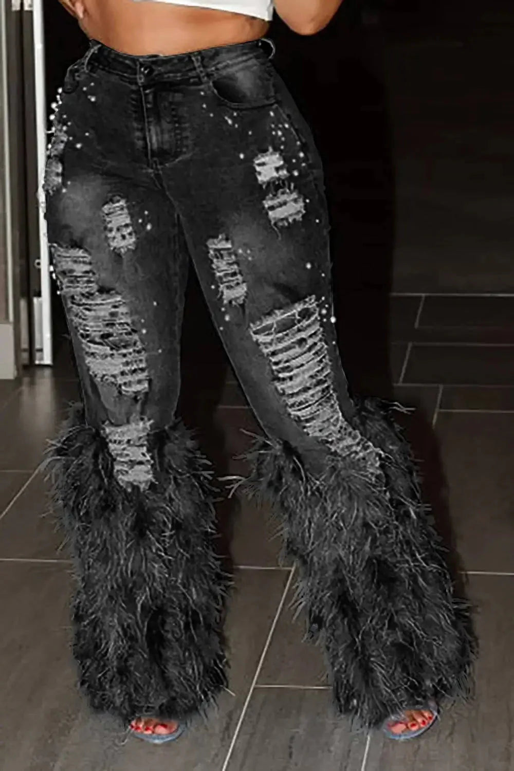 Women's Y2K high waist feather tassel denim jeans by SHOWLU, vintage style with distressed detailing and a trendy high-rise fit.