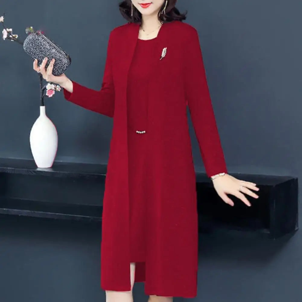 Elegant Women Outfit Tank Dress Coat Suit Spring Fall Solid Color Middle-age Ladies Long Cardigan Cape Dress Set Mom