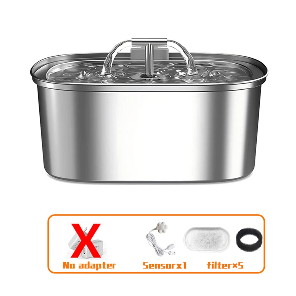 Stainless steel Showlu Cat Water Fountain with quiet pump and flowing water, designed for pets and easy to clean.