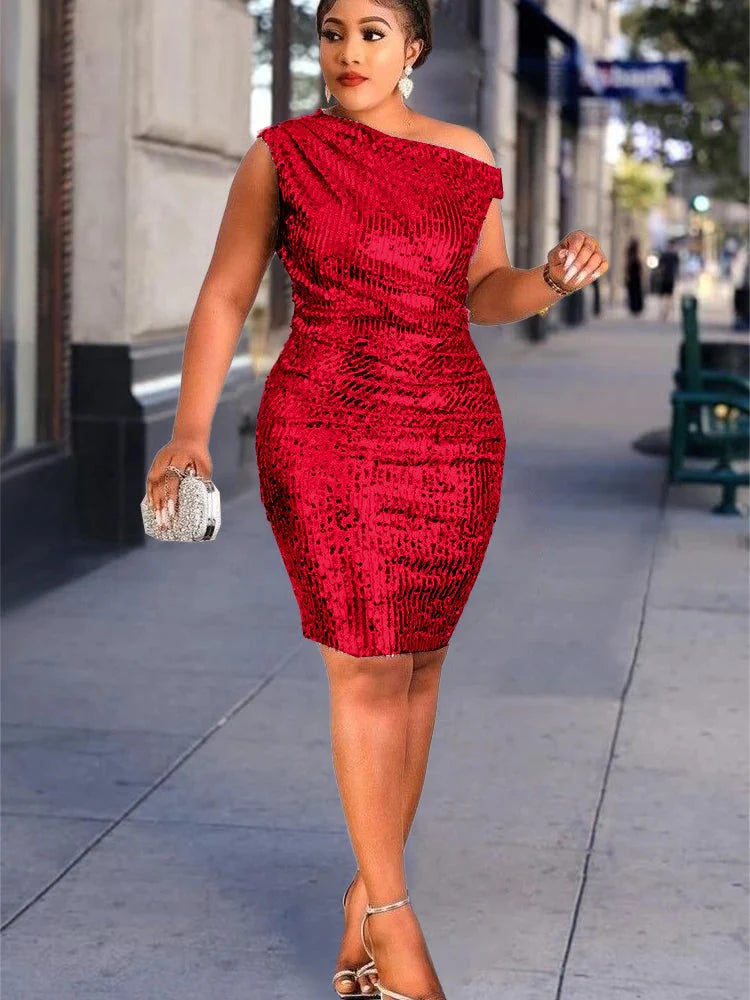 A plus size AOMEI Women's one shoulder sequin bodycon party dress in black, featuring a fitted design and shimmering sequin details.