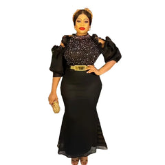 Stylish Sparkly Diamond Women Evening Party Dress High Collar Ruffles Cold Shoulder Short Sleeve With Belt Wedding Occasion Gown