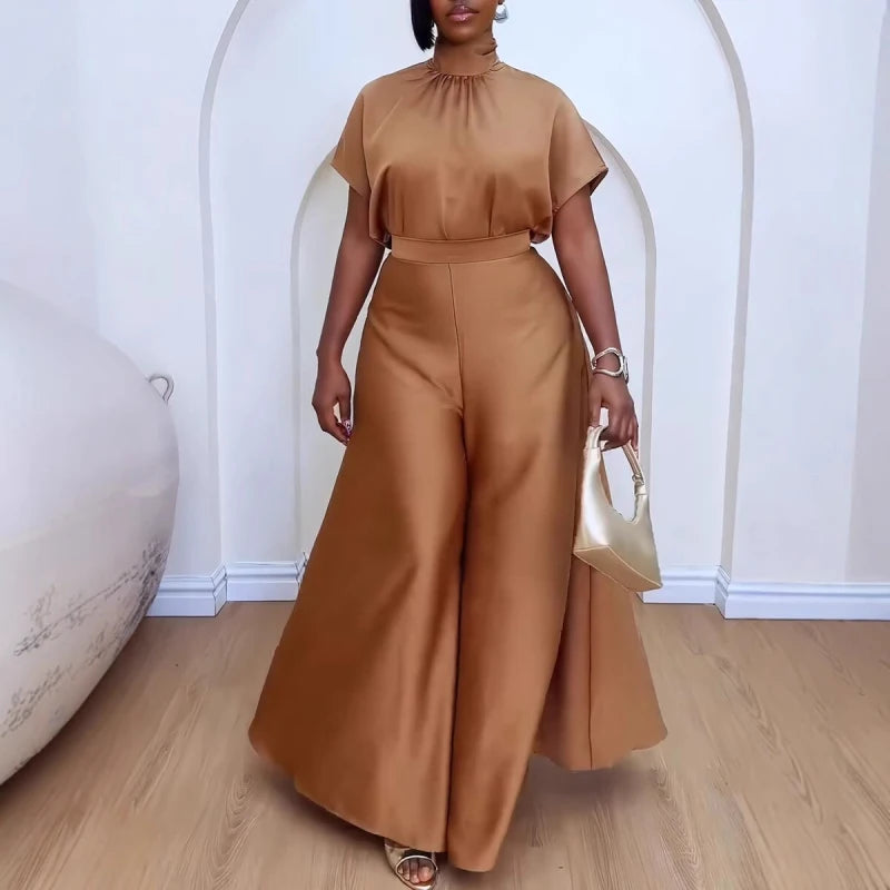 African fashion 2024 women two-piece satin lace-up top and wide-leg pants set in soft, stylish design.