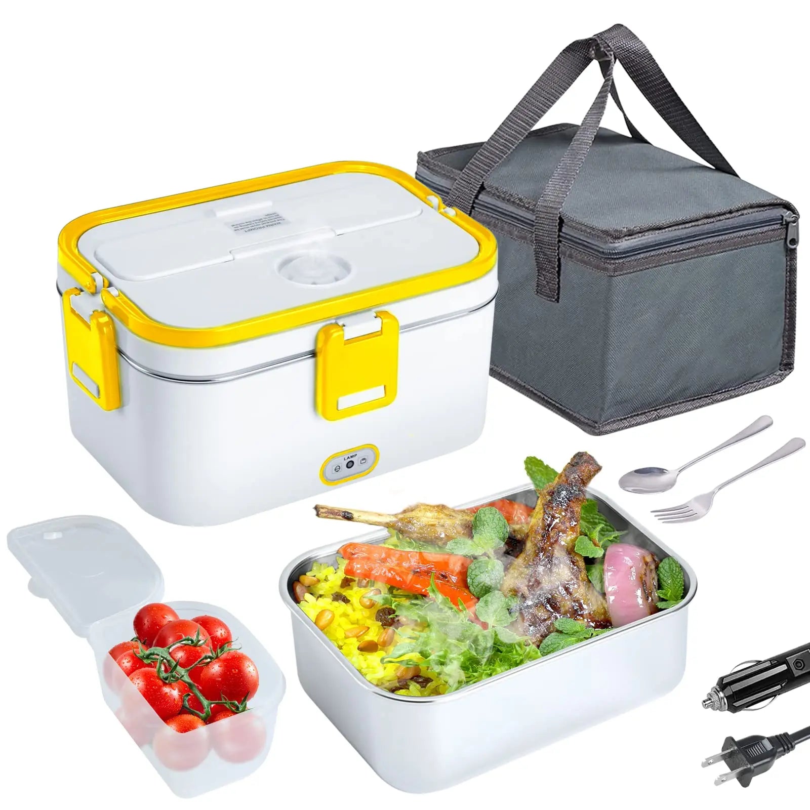 SHOWLU 1.8L stainless steel electric lunch box with food warmer, suitable for 12V, 24V, and 110V vehicles and appliances.