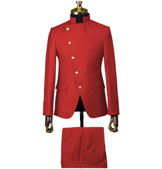 Fashion Stand Collar Men Suits 2 Piece Formal Single Breasted Smart Casual Outfits Solid Color Chic Wedding Party Slim Male Suit
