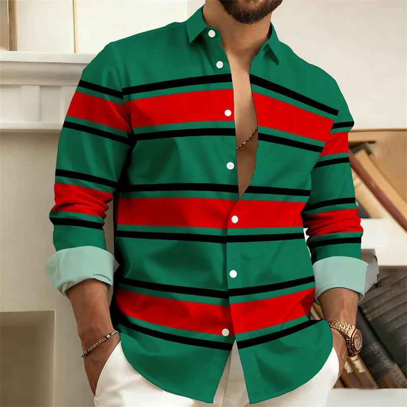 Men's striped long-sleeved outdoor street style casual shirt with lapel, fashionable and comfortable fabric by Showlu Fashion.