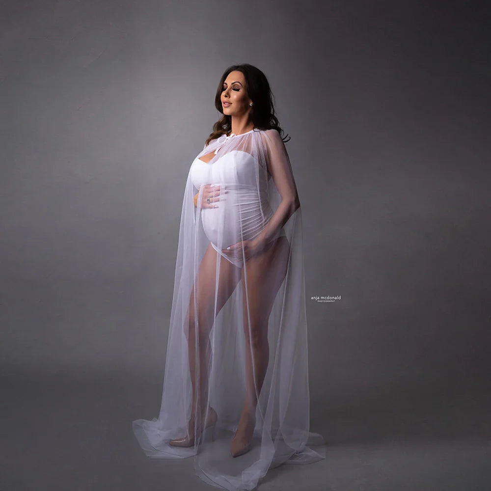 Showlu maternity tulle cape with pearl embellishments, boho-style pregnancy photo shoot gown, flowing and elegant for special occasions