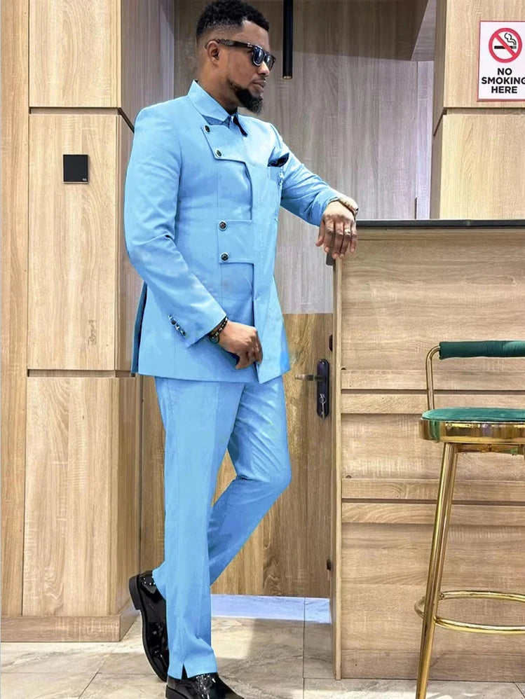 Showlu Men's slim fit Italian style 2-piece suit with single-breasted serge fabric, featuring a tailored jacket and matching trousers.