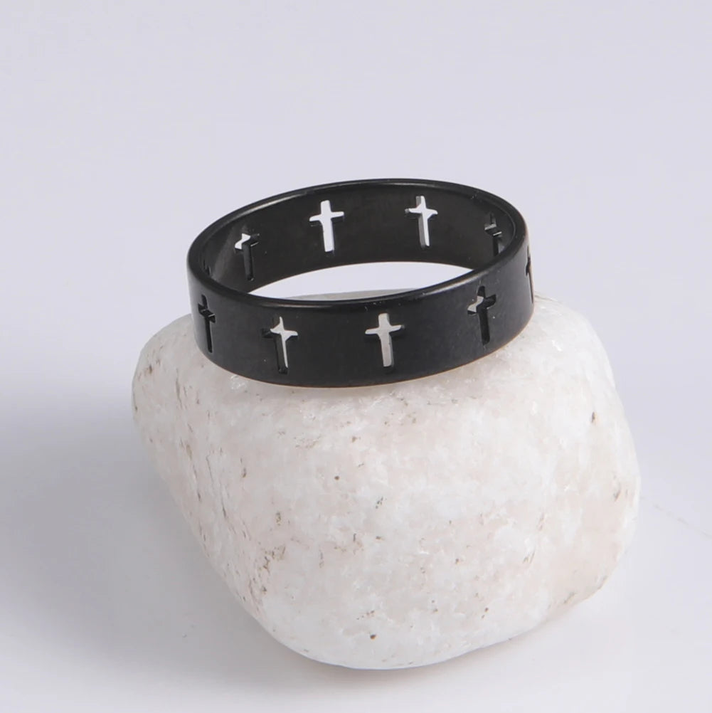 Stainless steel Gothic cross couple ring with punk style design, featuring intricate cross details for wedding or special occasions.