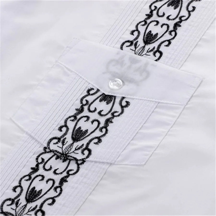 Men's white guayabera shirt with embroidered Cuban style details, showcasing traditional Mexican-inspired fashion from Showlu Fashion.